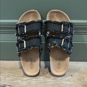 Black Frayed Slide Sandals